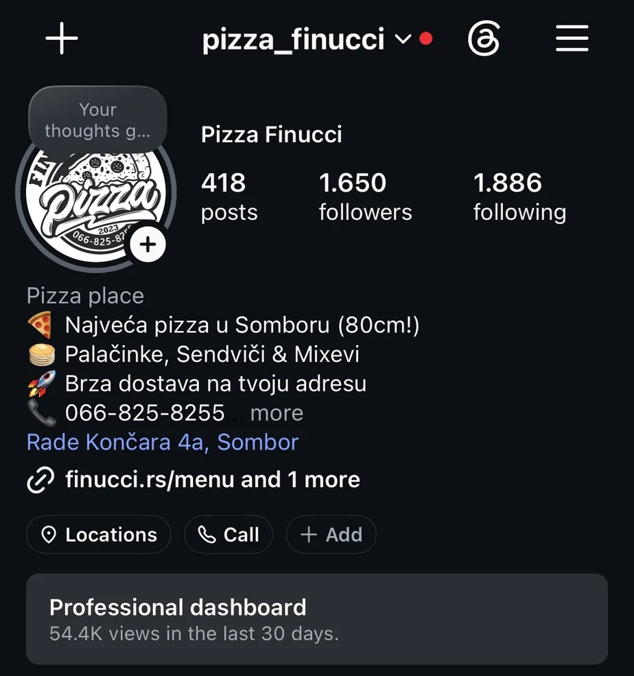 Pizza Finucci Instagram profile — 1,650 followers, 54.4K views in the last 30 days
